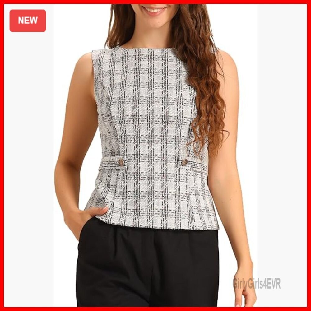Sleeveless Tweed Vest Top, Crew Neck, Business Casual, Polyester